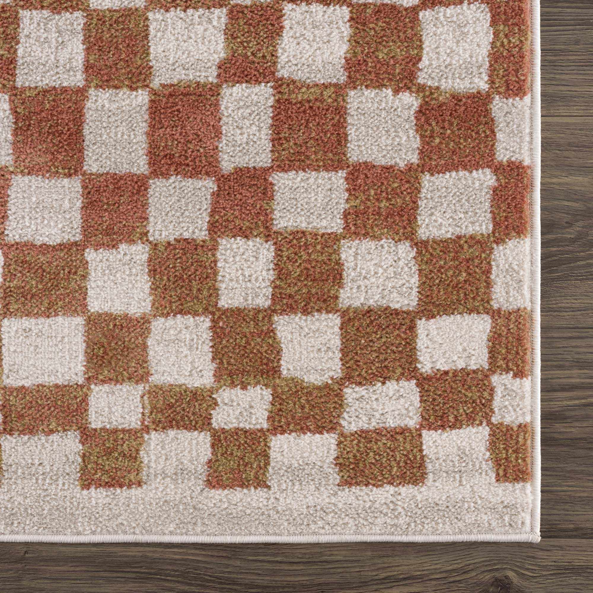 Benjy Cream & Salmon Checkered Area Rug | Boho Distressed Design