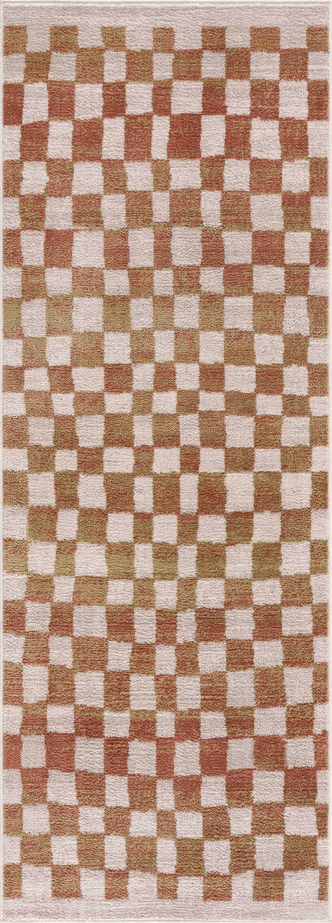 Benjy Cream & Salmon Checkered Area Rug | Boho Distressed Design
