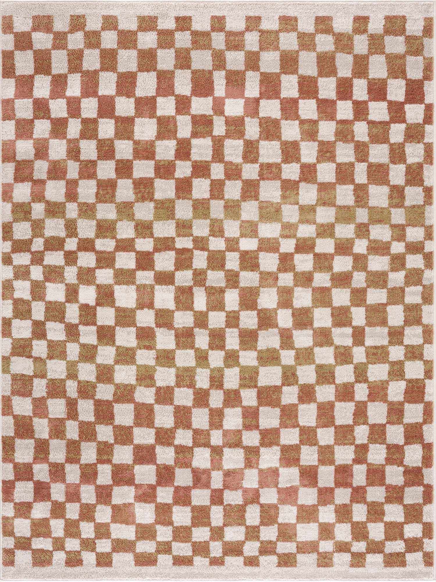 Benjy Cream & Salmon Checkered Area Rug | Boho Distressed Design