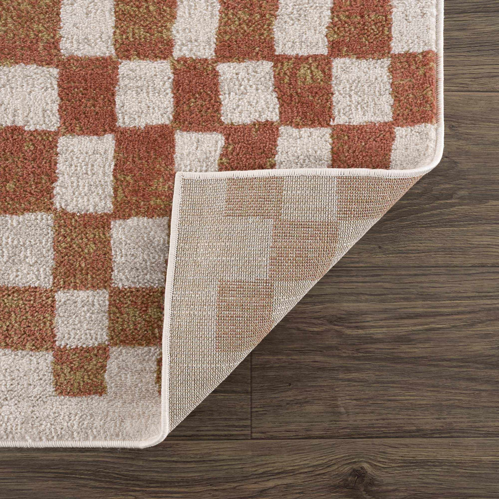 Benjy Cream & Salmon Checkered Area Rug | Boho Distressed Design