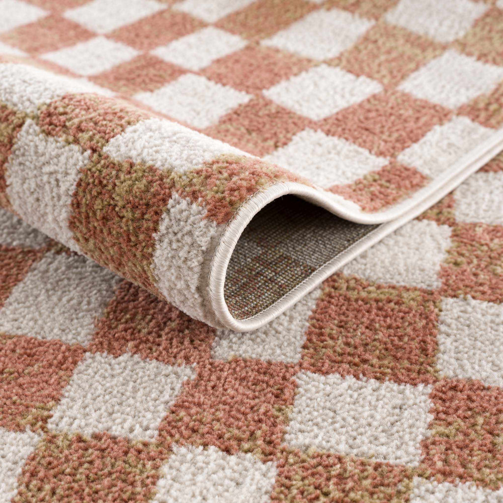 Benjy Cream & Salmon Checkered Area Rug | Boho Distressed Design