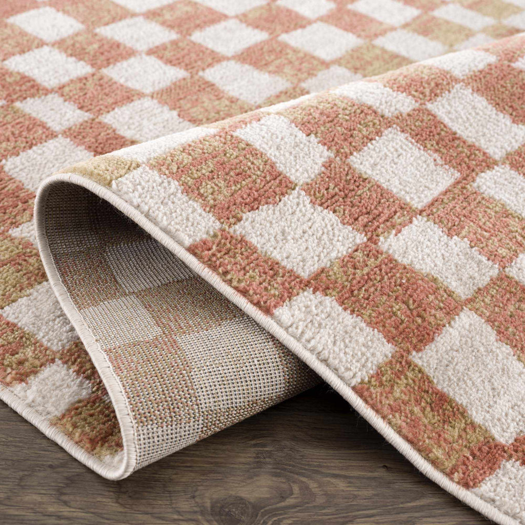 Benjy Cream & Salmon Checkered Area Rug | Boho Distressed Design