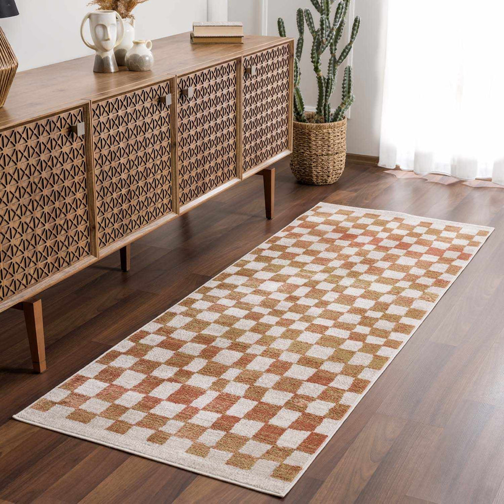 Benjy Cream & Salmon Checkered Area Rug | Boho Distressed Design