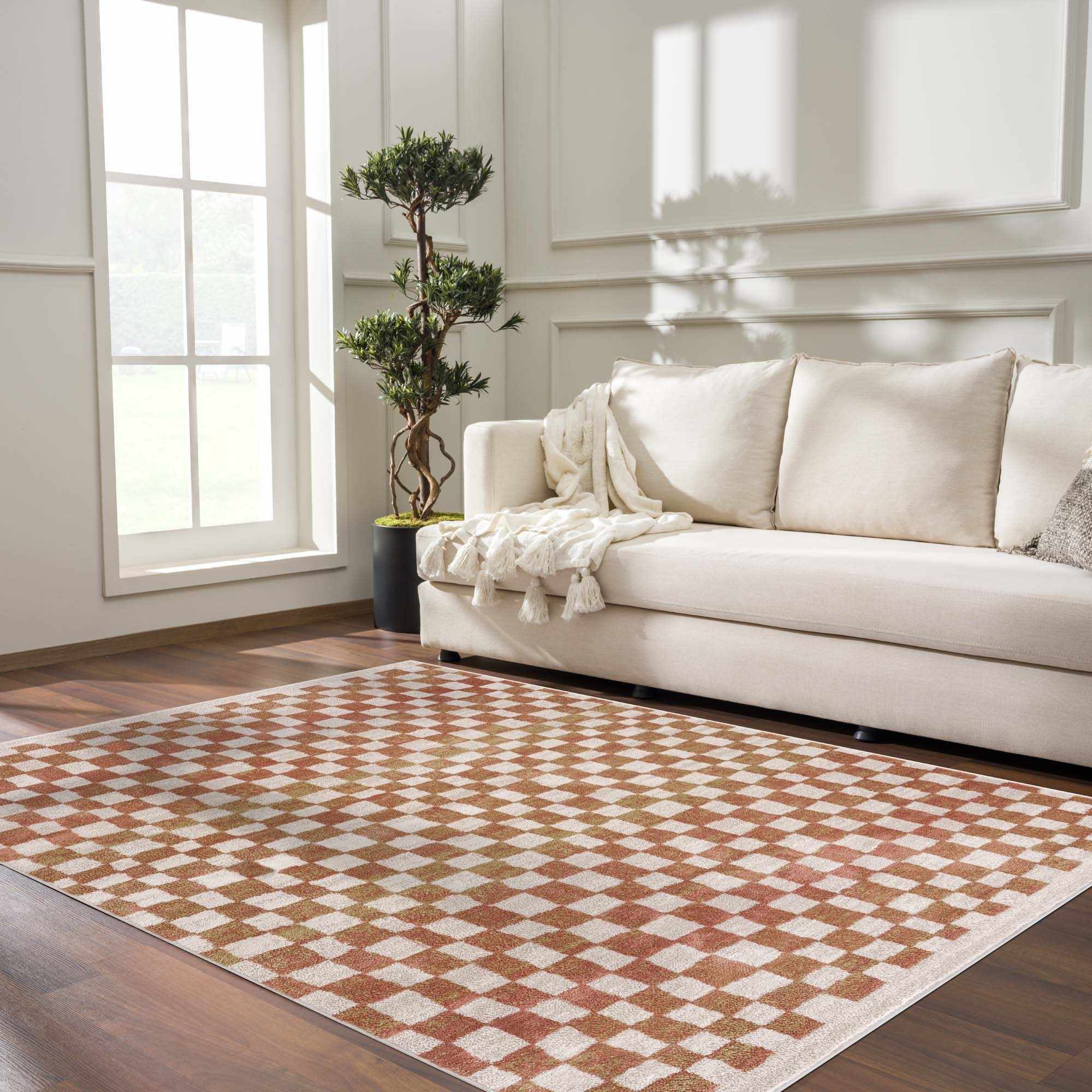 Benjy Cream & Salmon Checkered Area Rug | Boho Distressed Design