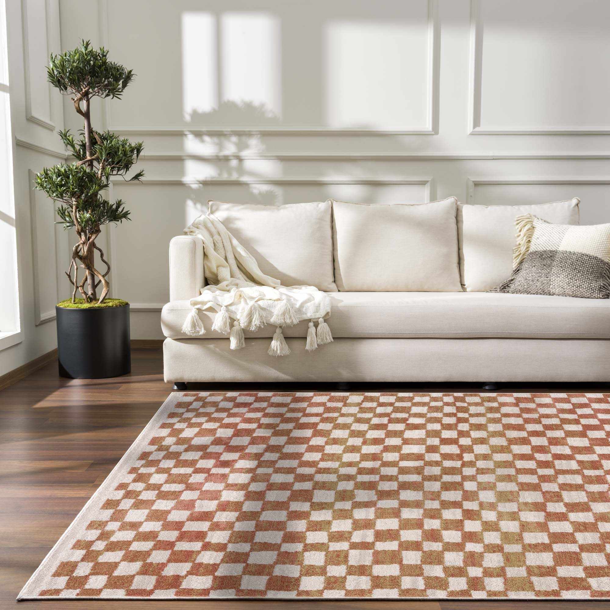 Benjy Cream & Salmon Checkered Area Rug | Boho Distressed Design