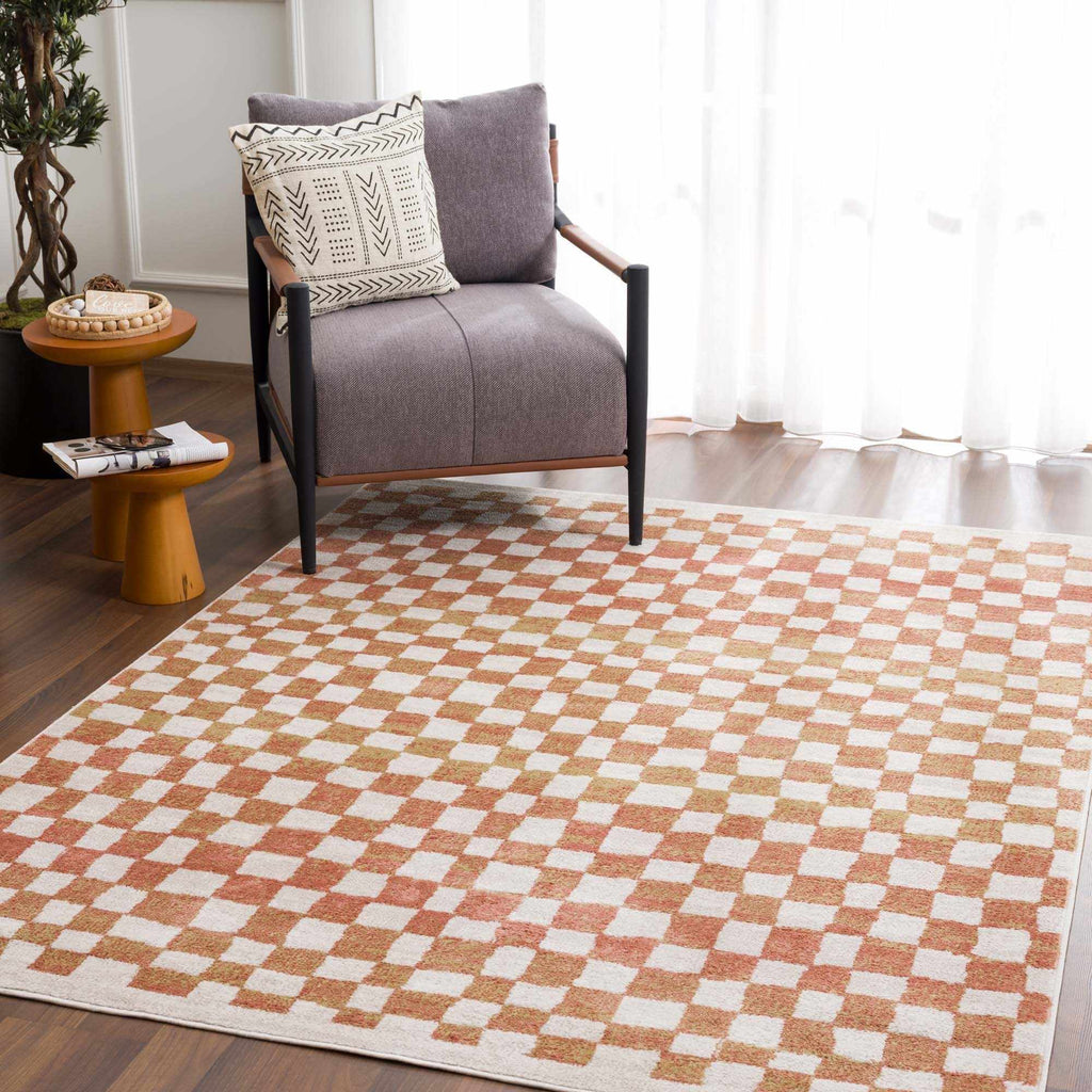 Benjy Cream & Salmon Checkered Area Rug | Boho Distressed Design