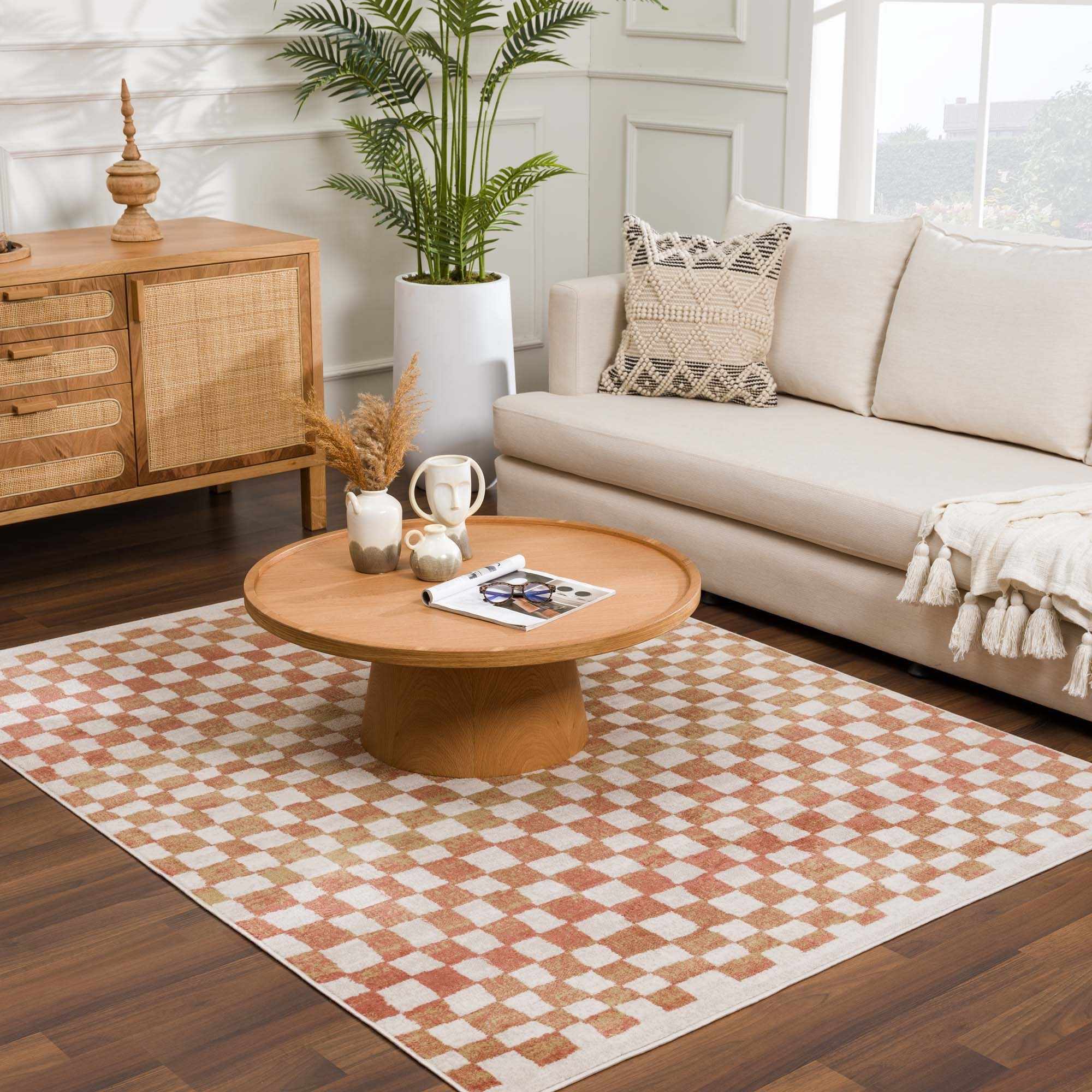 Benjy Cream & Salmon Checkered Area Rug | Boho Distressed Design