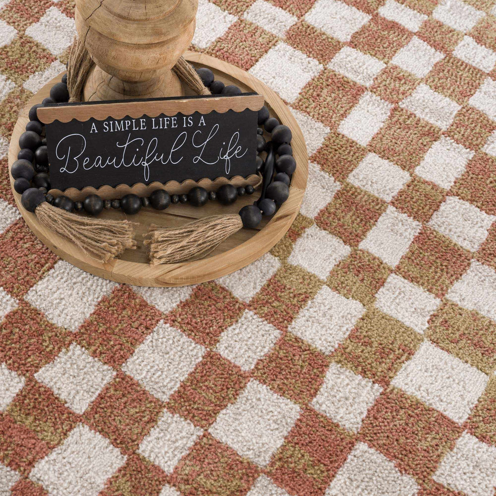 Benjy Cream & Salmon Checkered Area Rug | Boho Distressed Design
