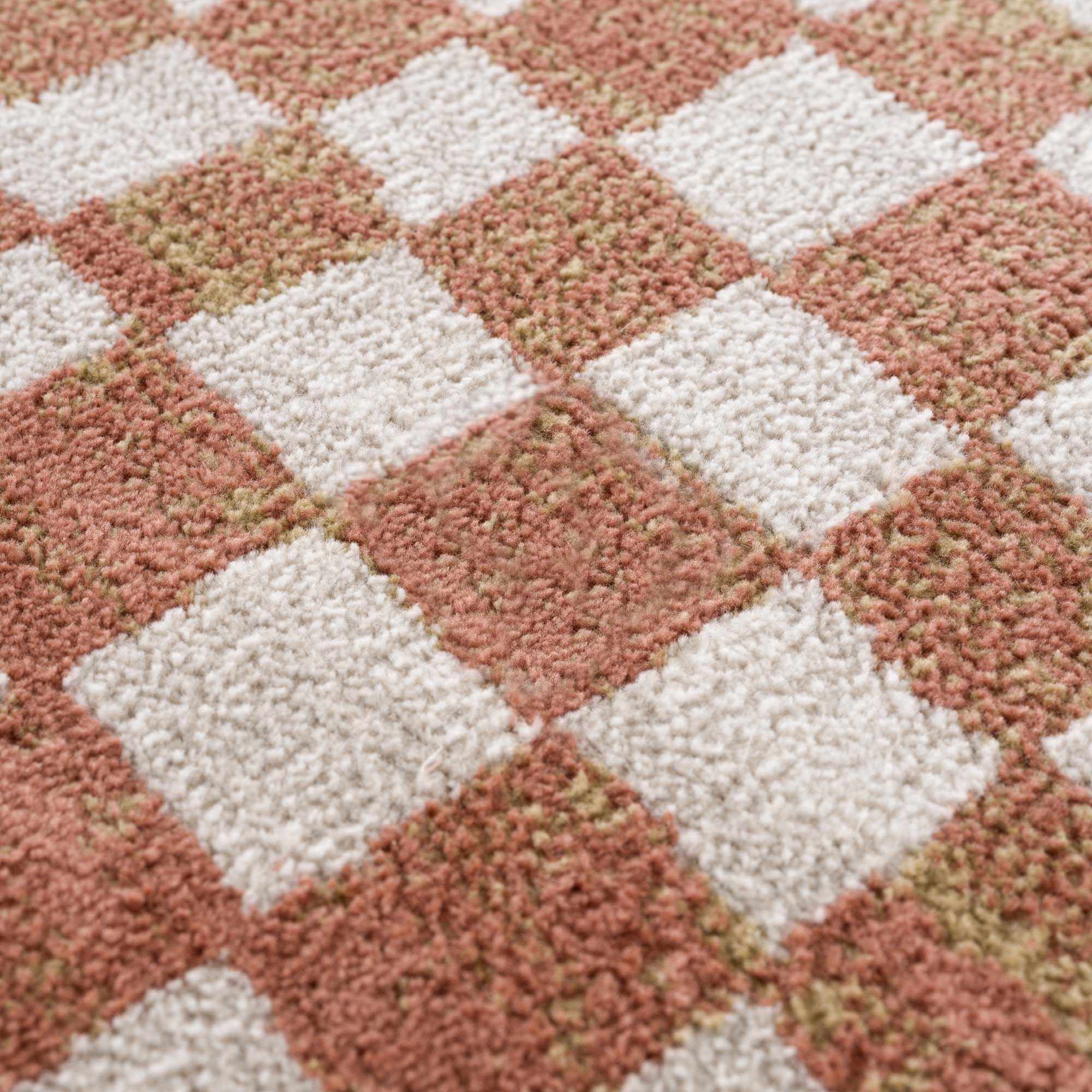 Benjy Cream & Salmon Checkered Area Rug | Boho Distressed Design