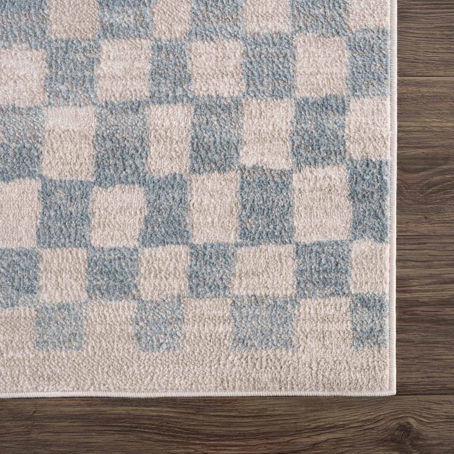 Benjy Cream & Light Blue Checkered Area Rug | Distressed Plush Design