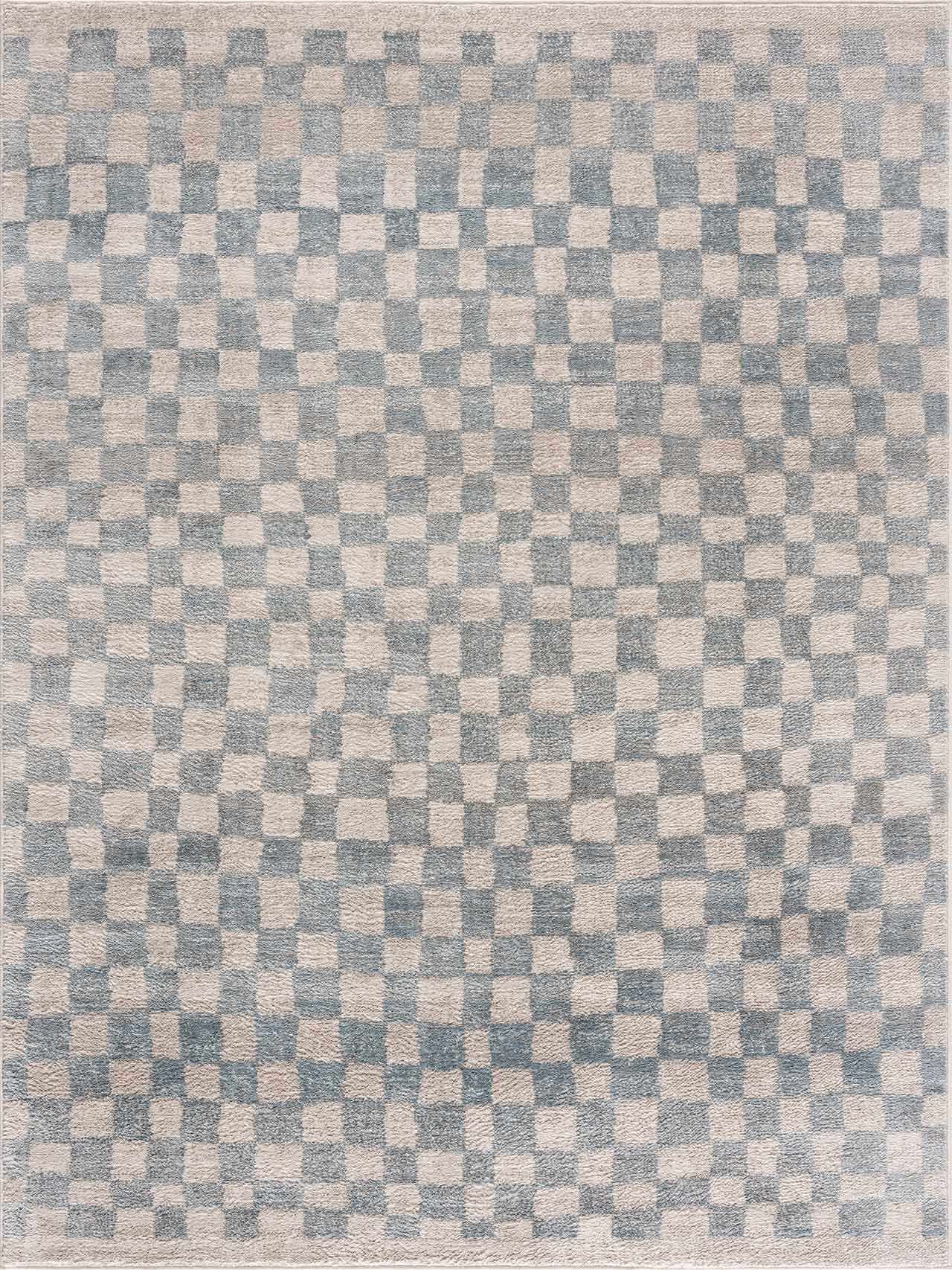 Benjy Cream & Light Blue Checkered Area Rug | Distressed Plush Design