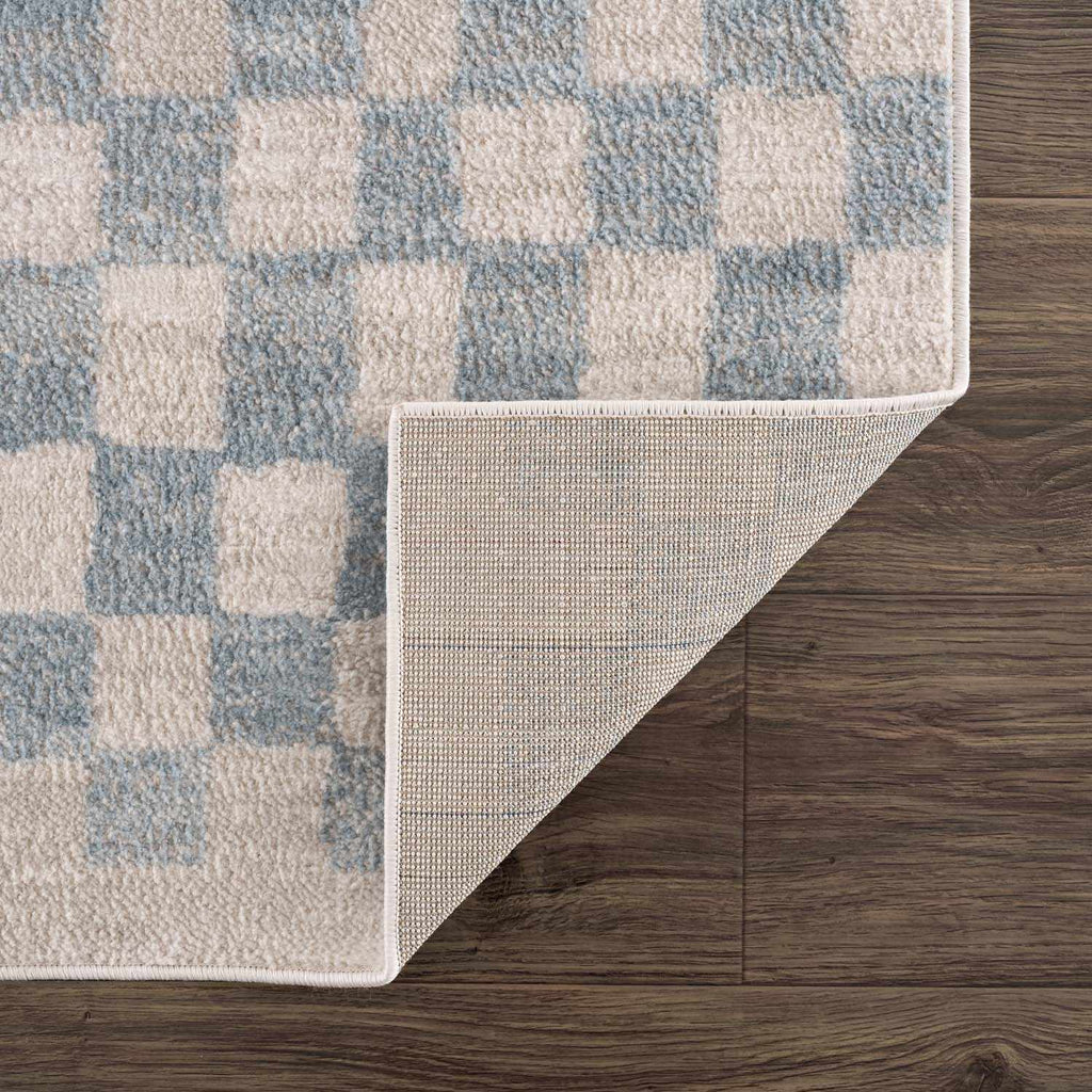 Benjy Cream & Light Blue Checkered Area Rug | Distressed Plush Design