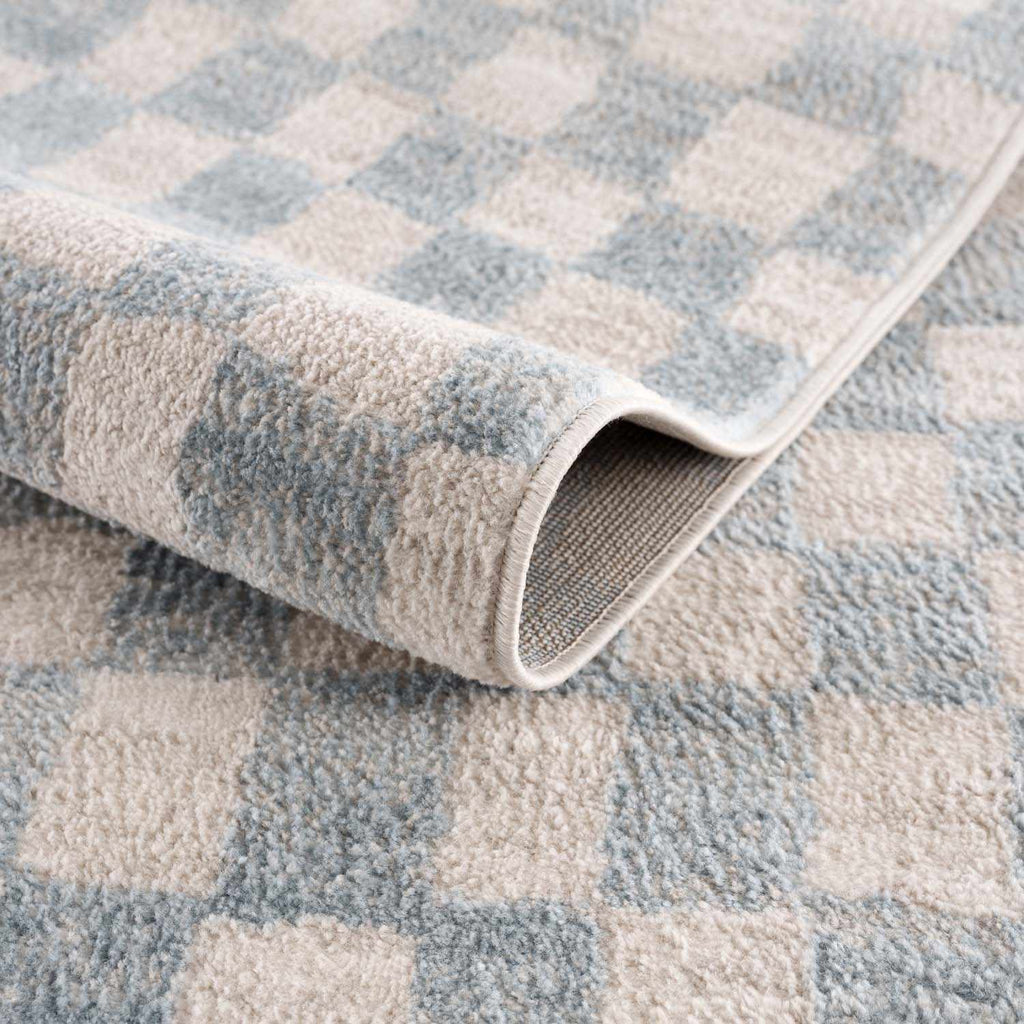 Benjy Cream & Light Blue Checkered Area Rug | Distressed Plush Design