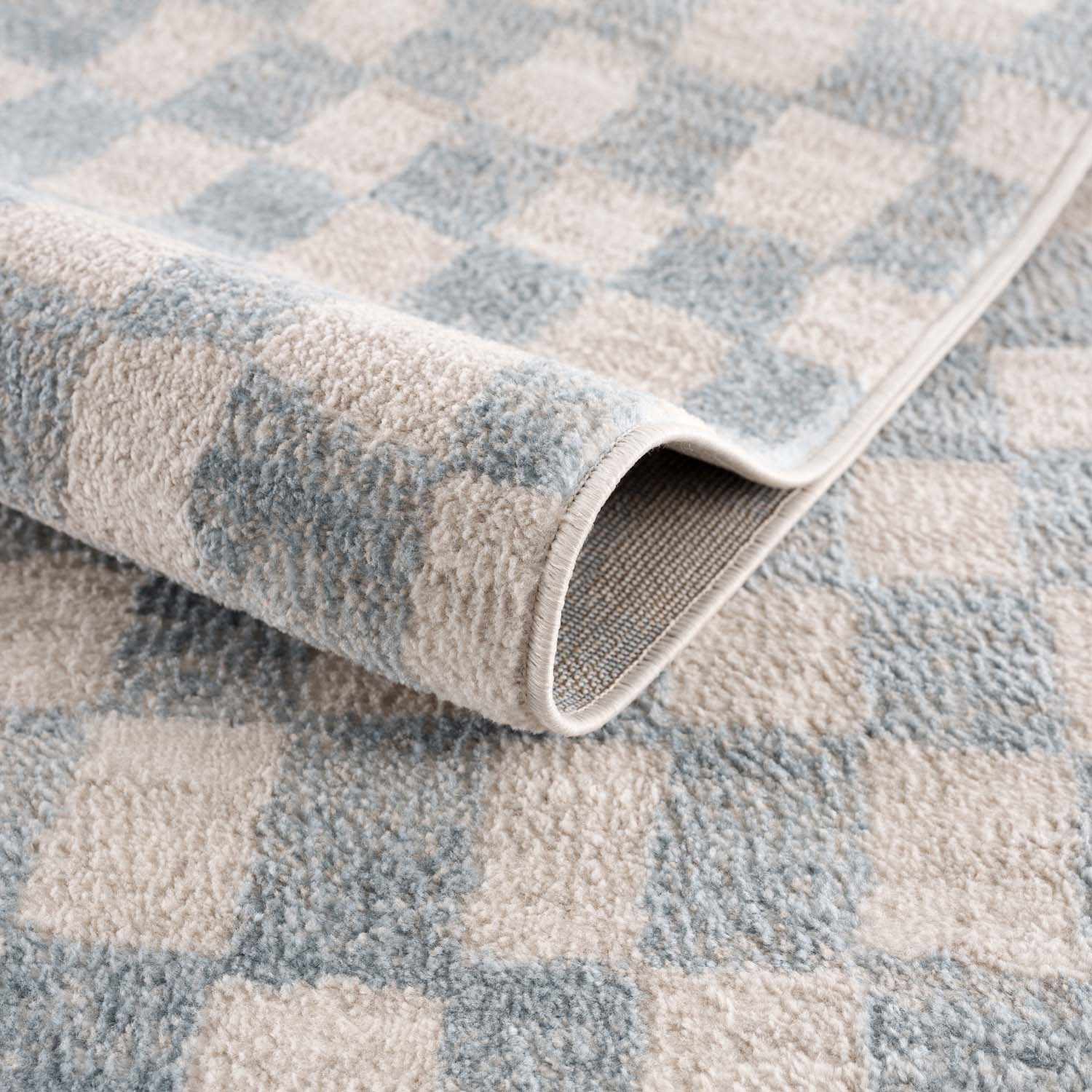 Benjy Cream & Light Blue Checkered Area Rug | Distressed Plush Design