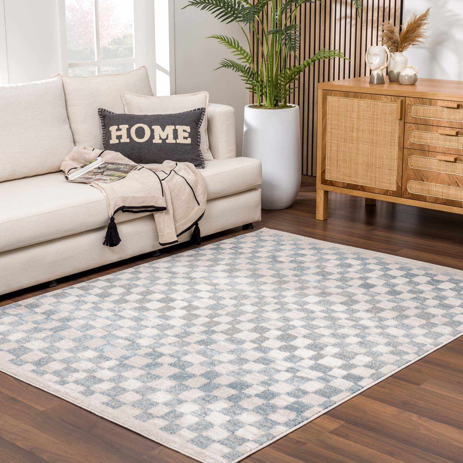 Benjy Cream & Light Blue Checkered Area Rug | Distressed Plush Design