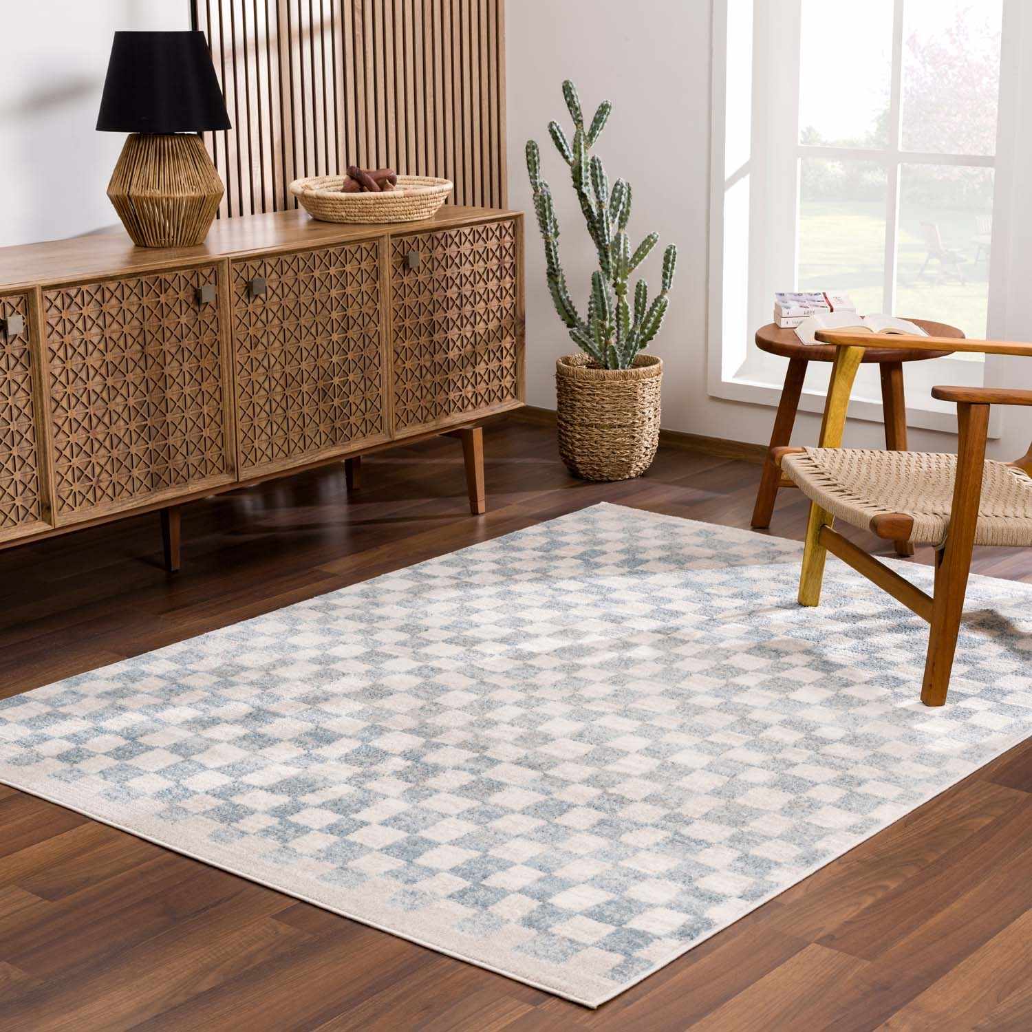 Benjy Cream & Light Blue Checkered Area Rug | Distressed Plush Design
