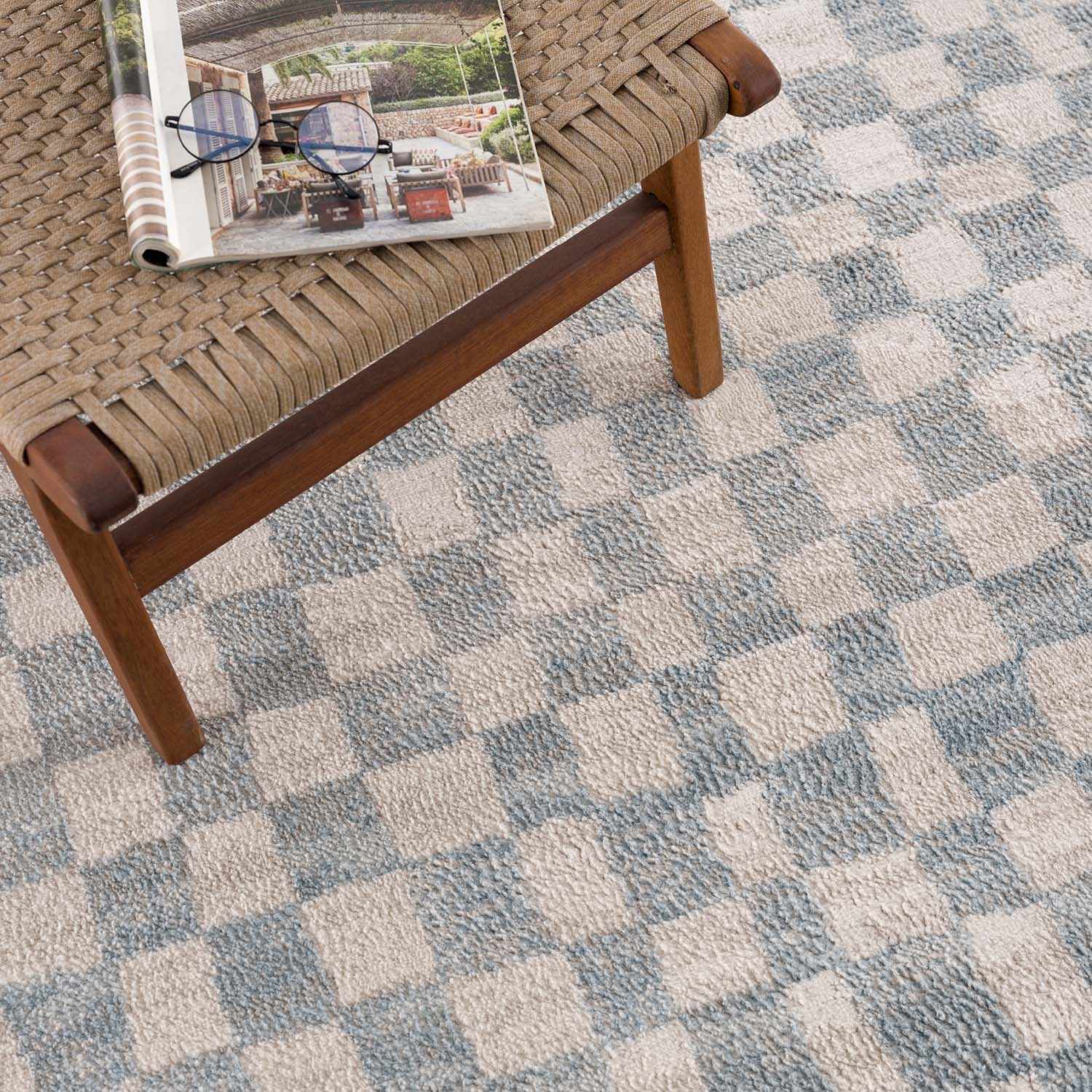 Benjy Cream & Light Blue Checkered Area Rug | Distressed Plush Design