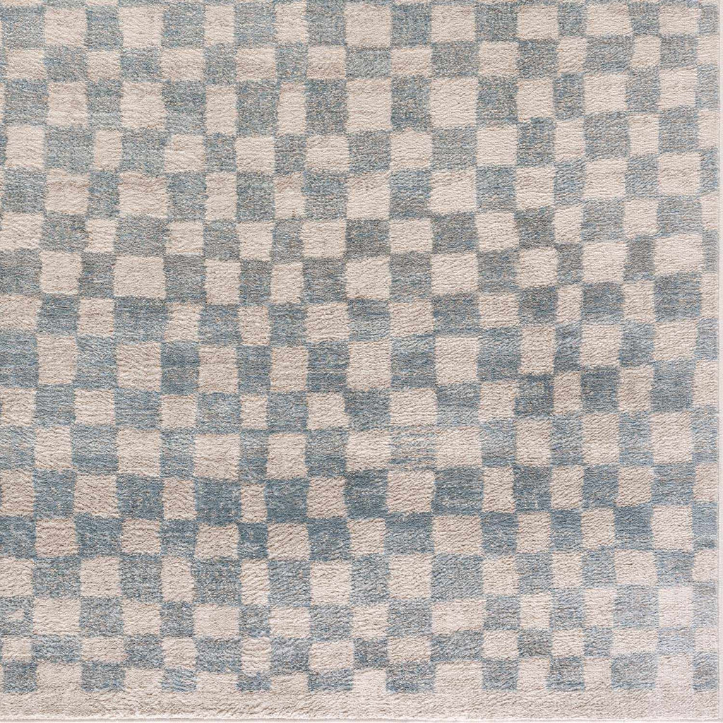 Benjy Cream & Light Blue Checkered Area Rug | Distressed Plush Design