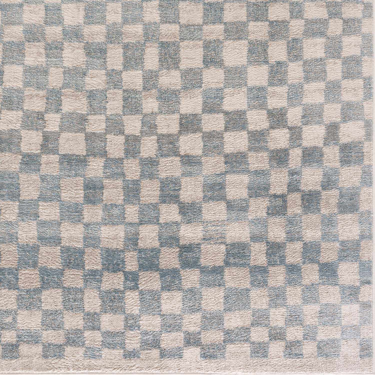 Benjy Cream & Light Blue Checkered Area Rug | Distressed Plush Design