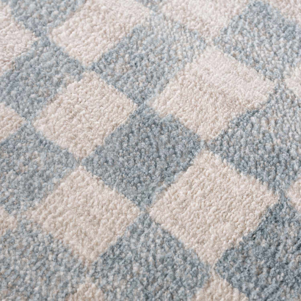 Benjy Cream & Light Blue Checkered Area Rug | Distressed Plush Design