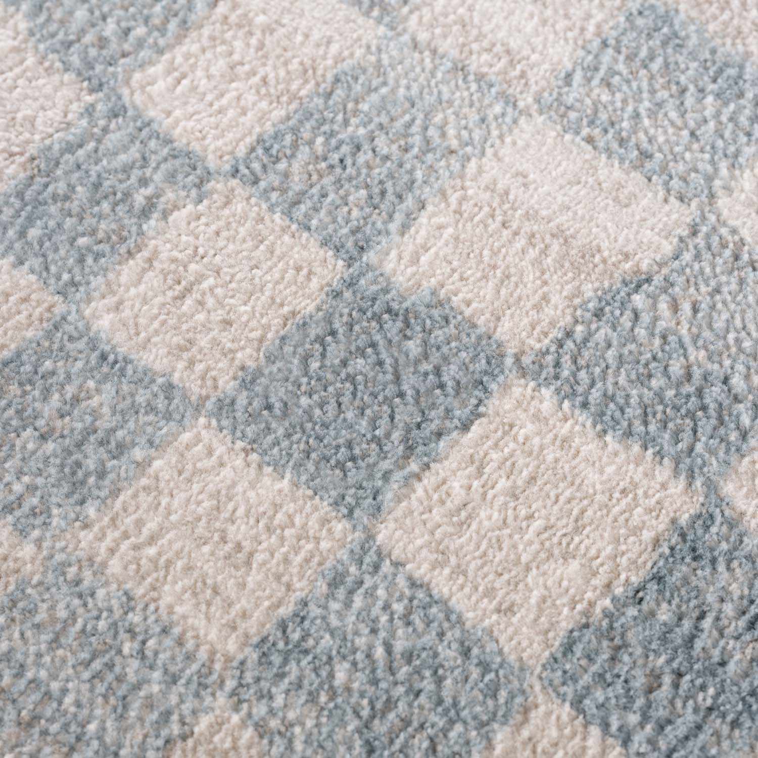 Benjy Cream & Light Blue Checkered Area Rug | Distressed Plush Design