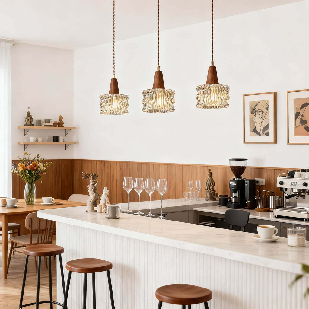 Ravico Glass & Wood Pendant Light | Wabi-Sabi Kitchen Hanging Lamp