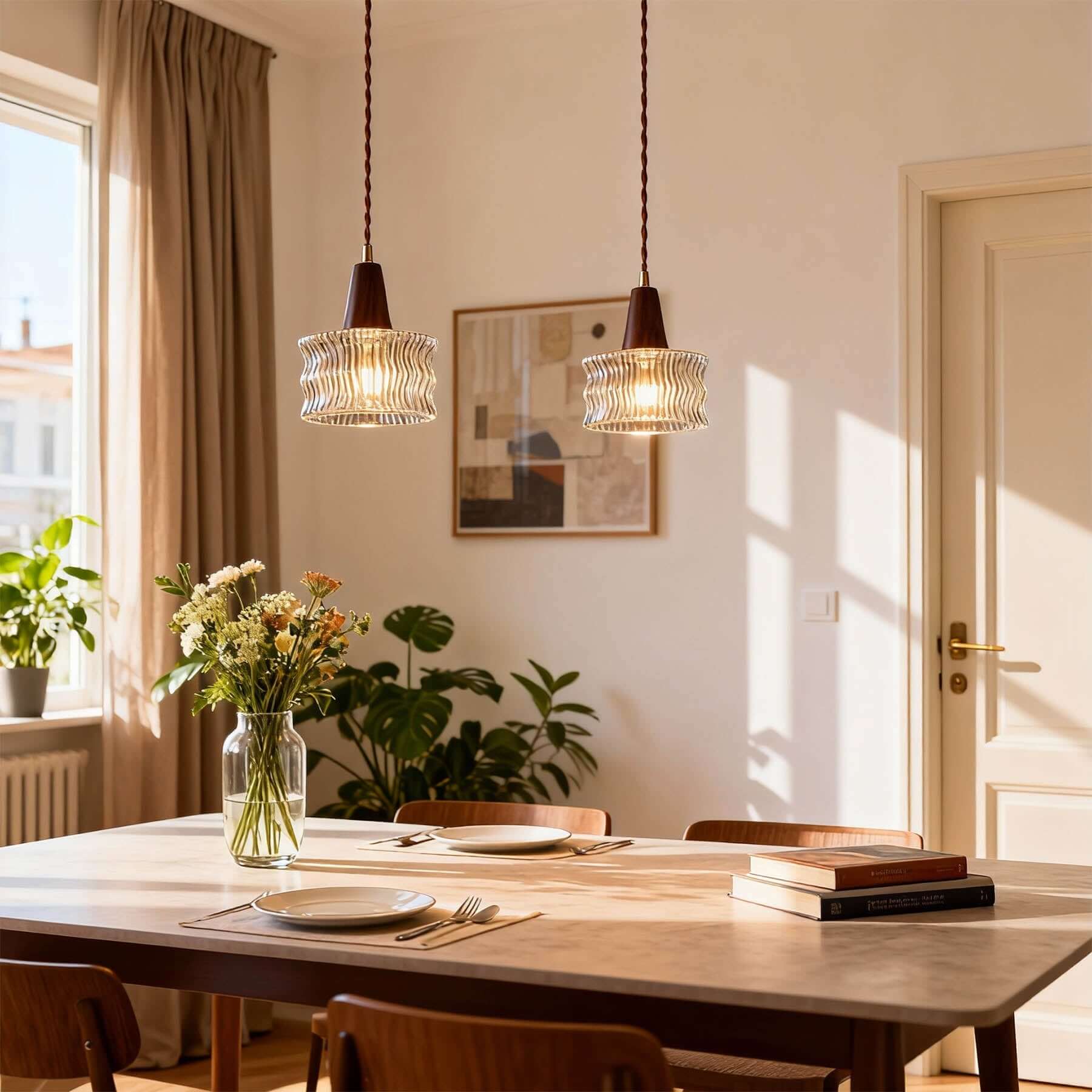 Ravico Glass & Wood Pendant Light | Wabi-Sabi Kitchen Hanging Lamp