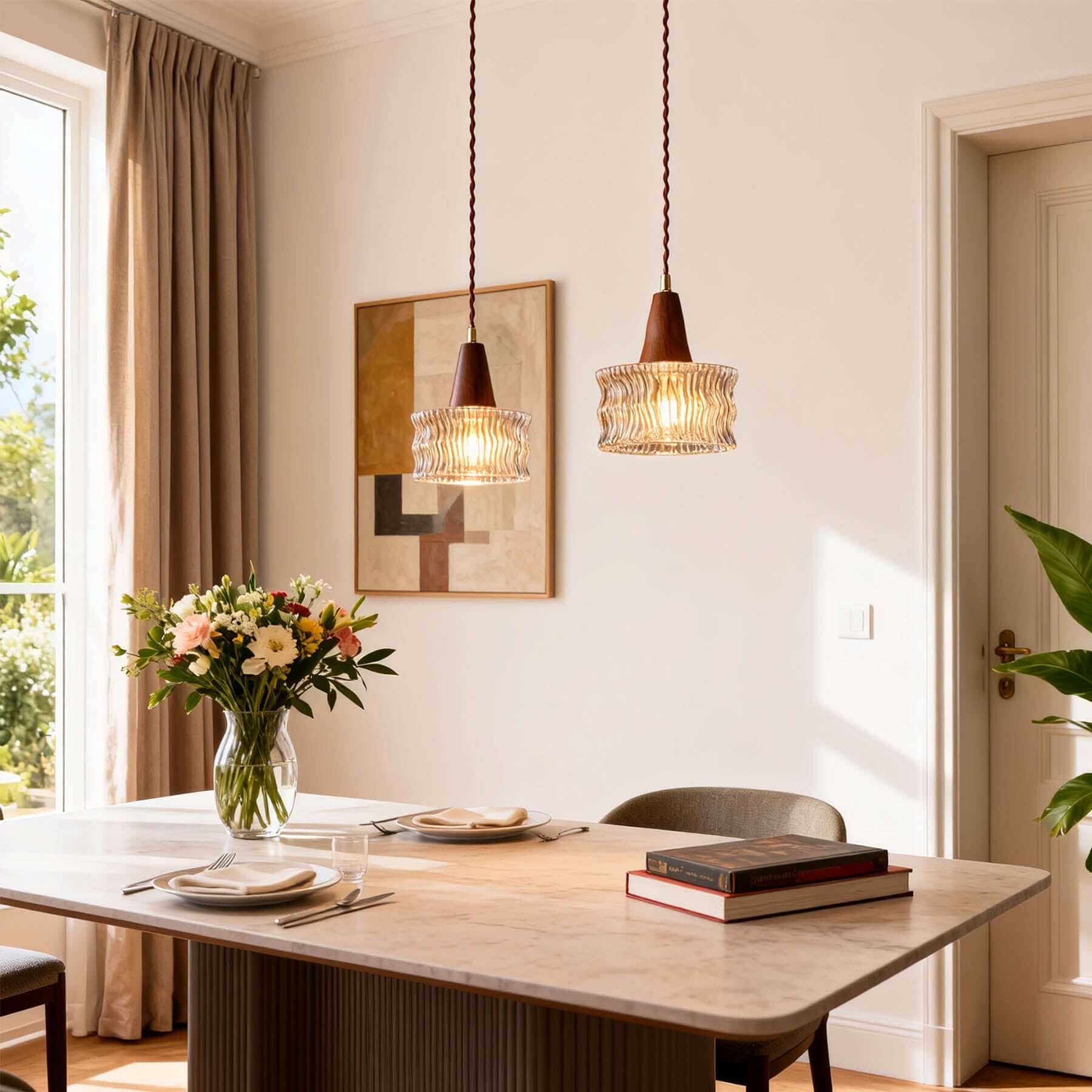 Ravico Glass & Wood Pendant Light | Wabi-Sabi Kitchen Hanging Lamp