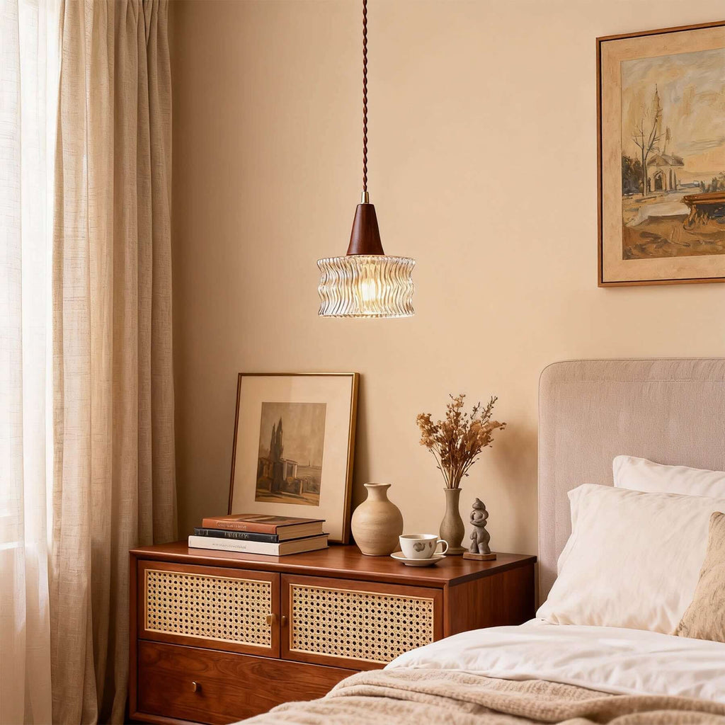 Ravico Glass & Wood Pendant Light | Wabi-Sabi Kitchen Hanging Lamp