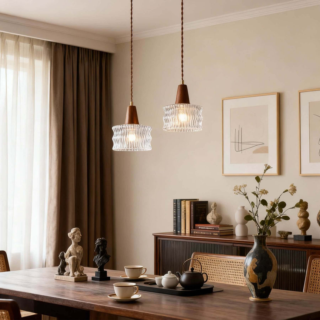 Ravico Glass & Wood Pendant Light | Wabi-Sabi Kitchen Hanging Lamp