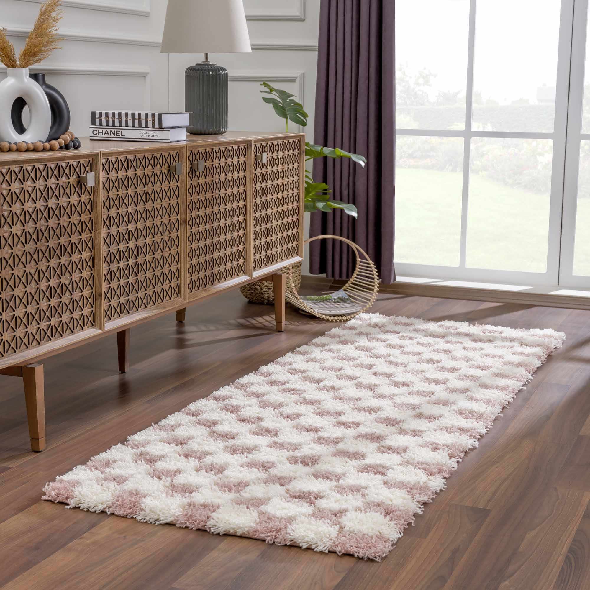 Atira Pink Checkered Shag Rug | Plush Cream & Pink Geometric Rug – Boutique Rugs