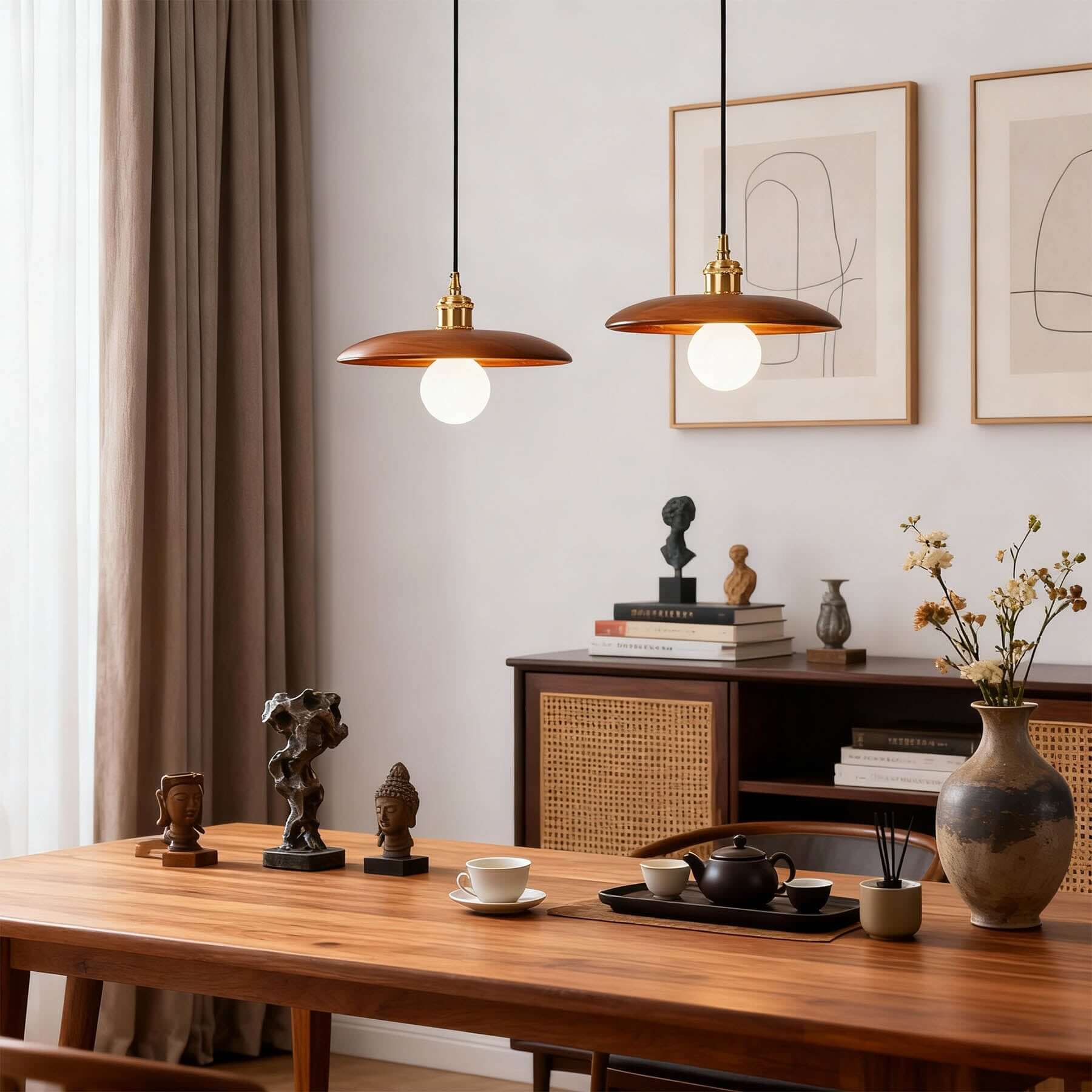 Serilo Wood Disc Pendant Light | Boho Multi-Size Hanging Lamp