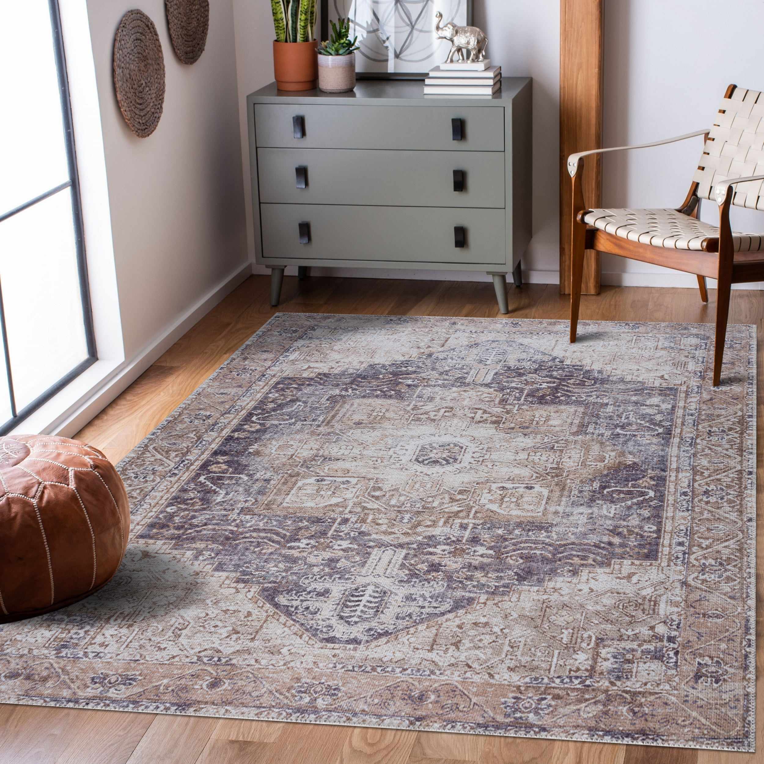 Rosman Beige Distressed Medallion Washable Area Rug | Timeless Design – Hauteloom