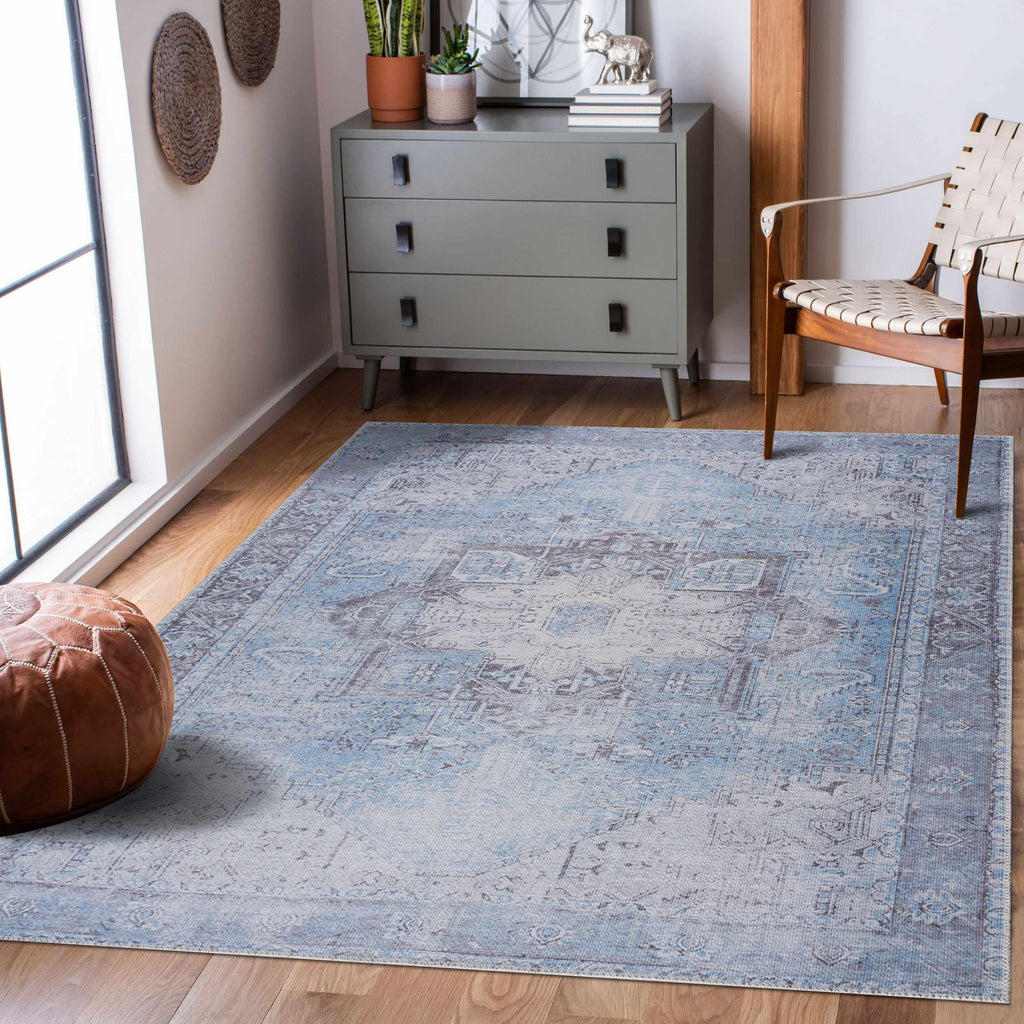 Rosman Aqua & Charcoal Washable Area Rug | Vintage Traditional Design
