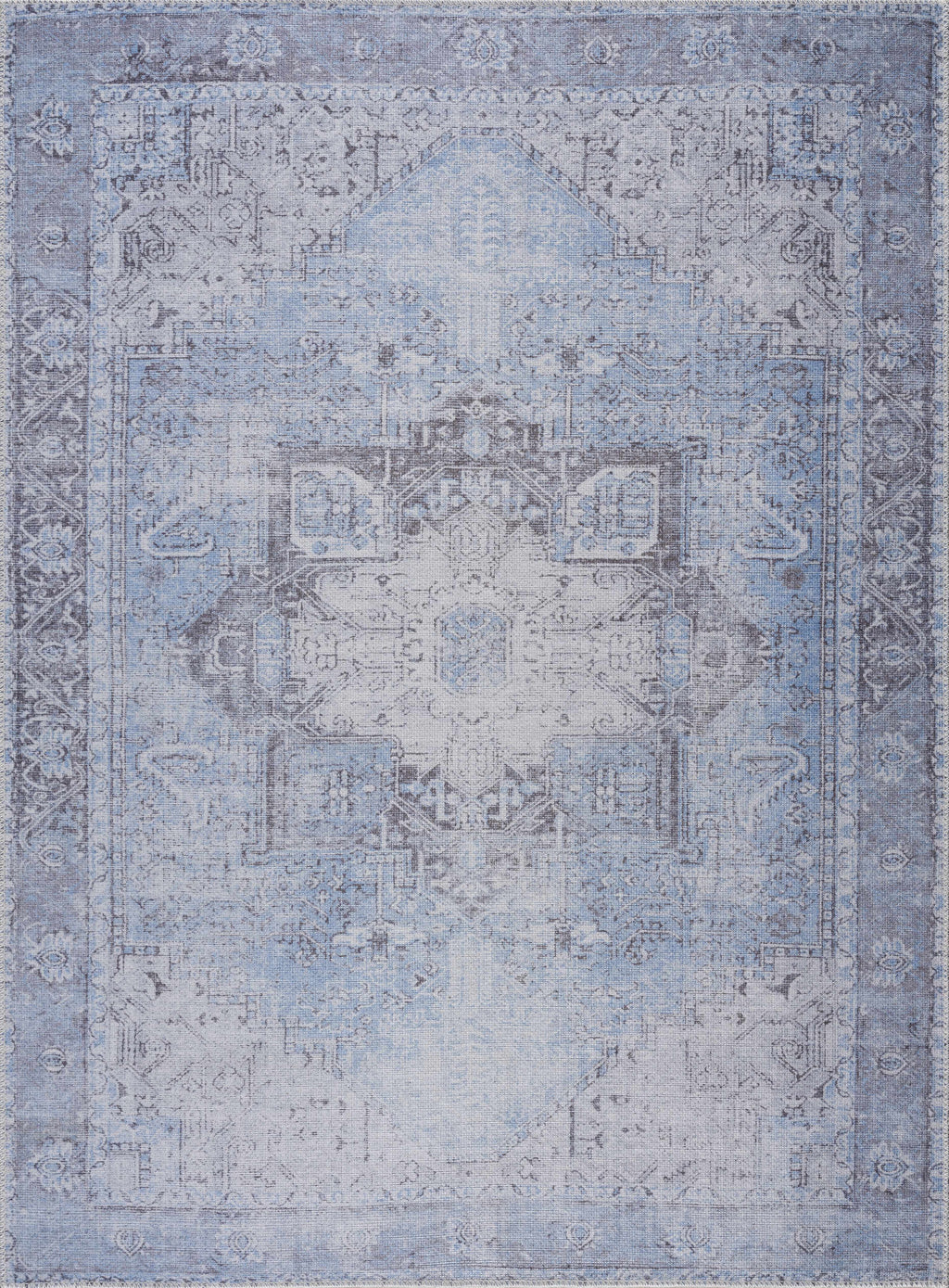 Rosman Aqua & Charcoal Washable Area Rug | Vintage Traditional Design