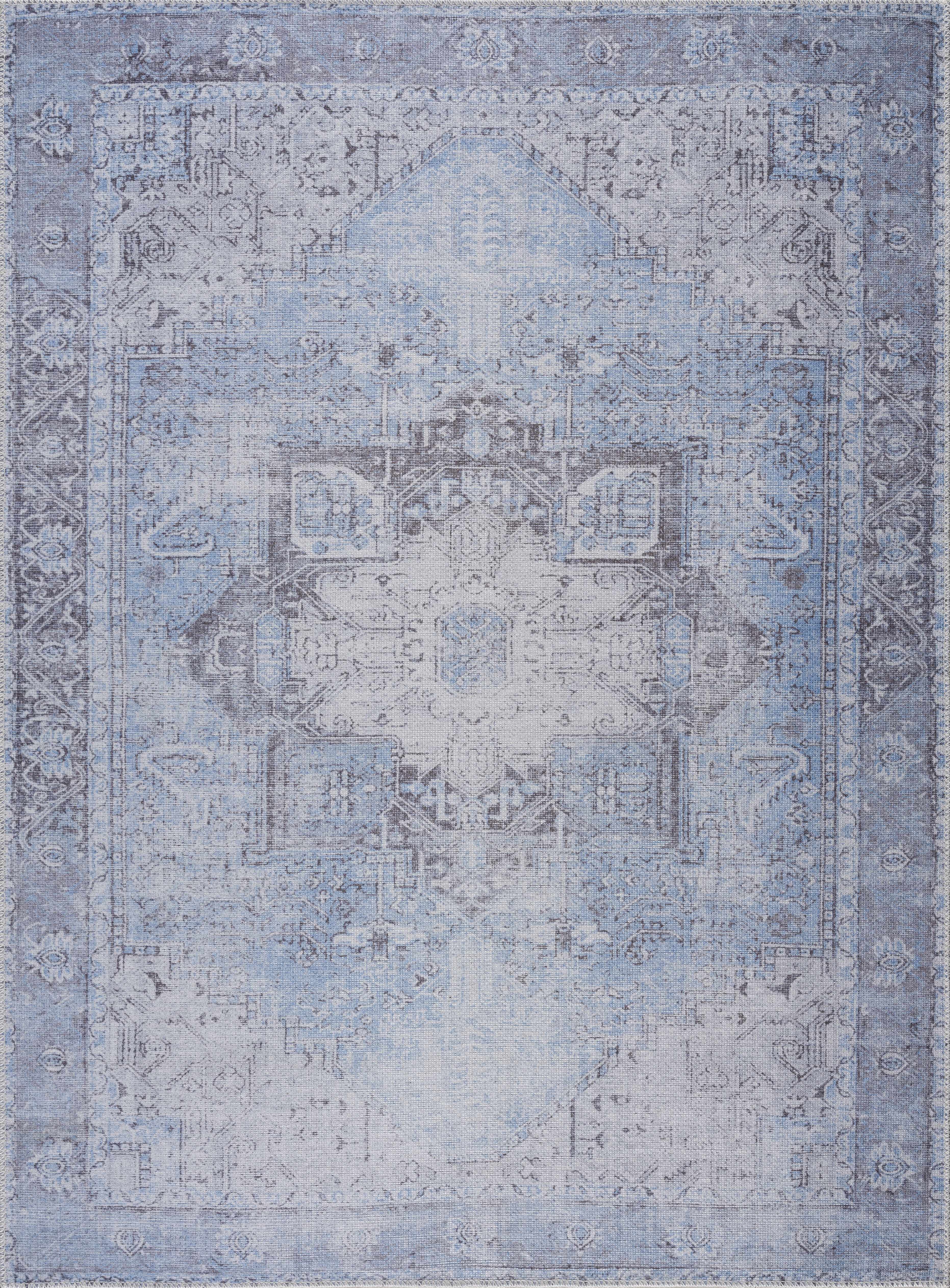 Rosman Aqua & Charcoal Washable Area Rug | Vintage Traditional Design
