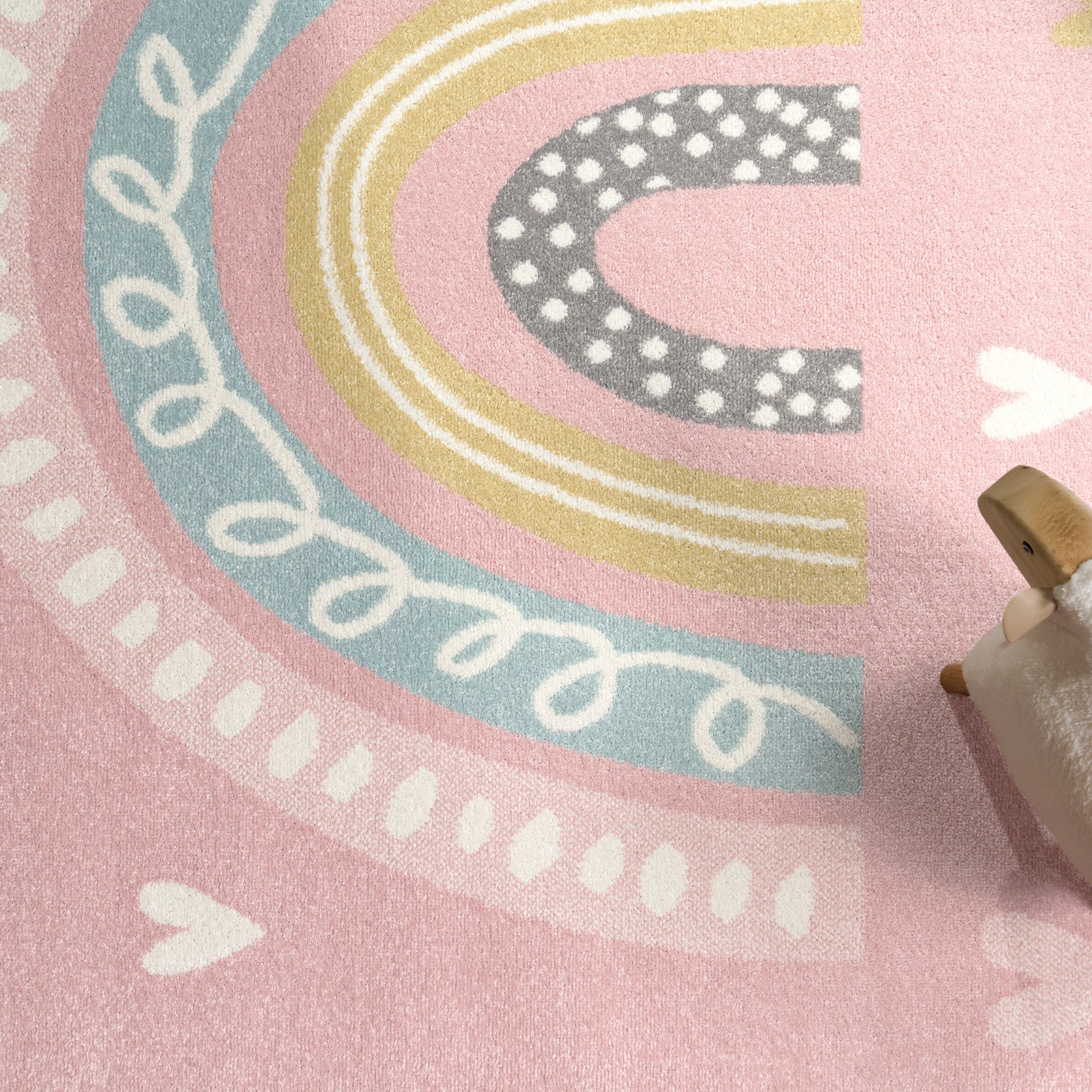 Nino Kids Rug | Rainbow & Hearts Pink Design