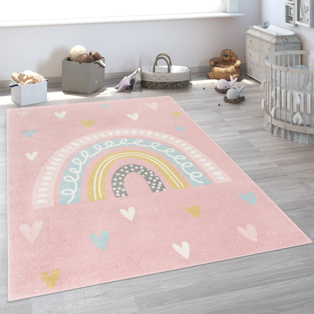 Nino Kids Rug | Rainbow & Hearts Pink Design