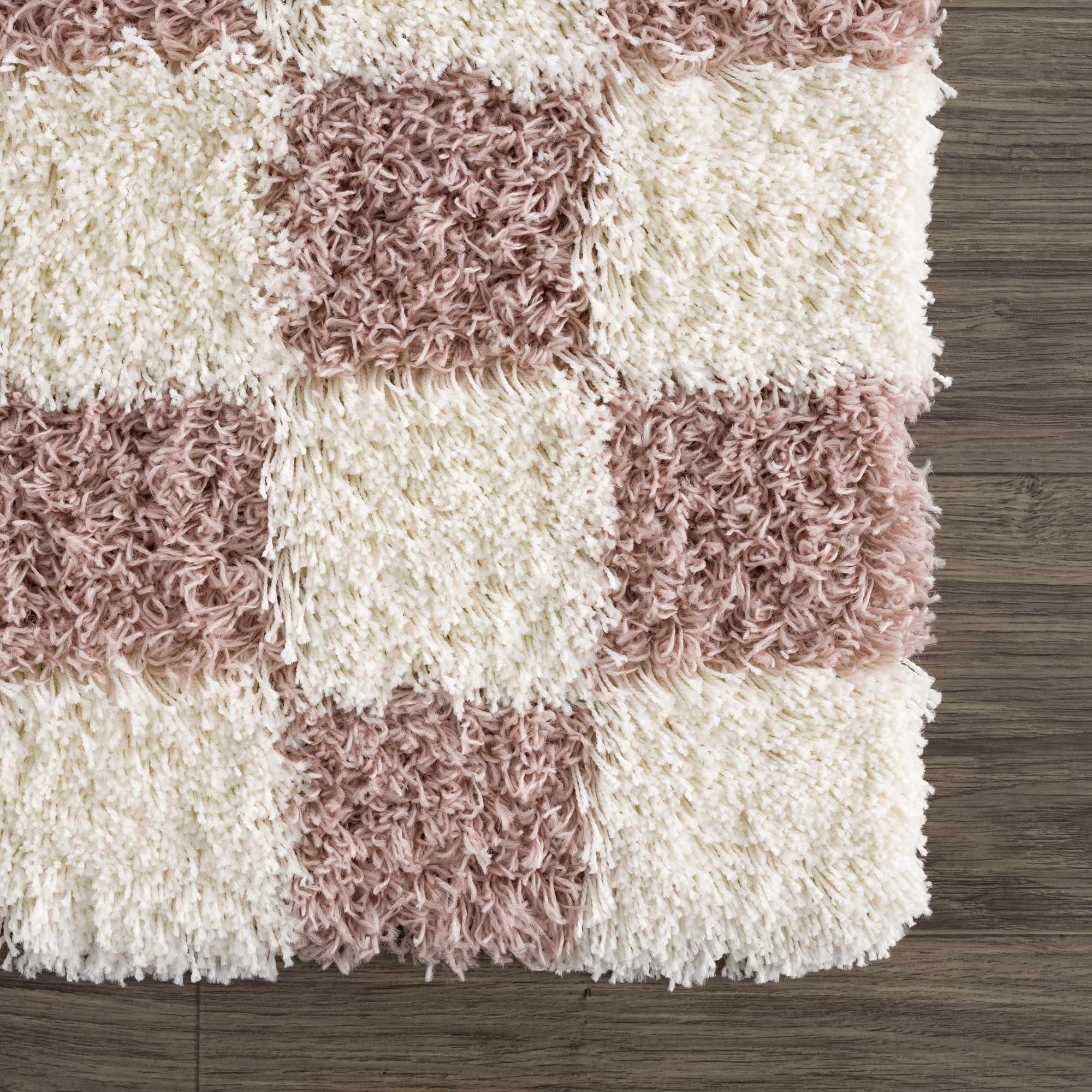 Atira Pink Checkered Shag Rug | Plush Cream & Pink Geometric Rug – Boutique Rugs