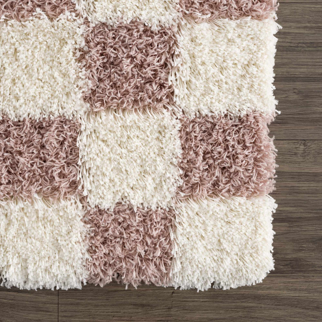 Atira Pink & White Checkered Shag Area Rug | Playful Design