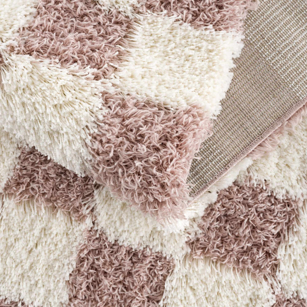Atira Pink & White Checkered Shag Area Rug | Playful Design