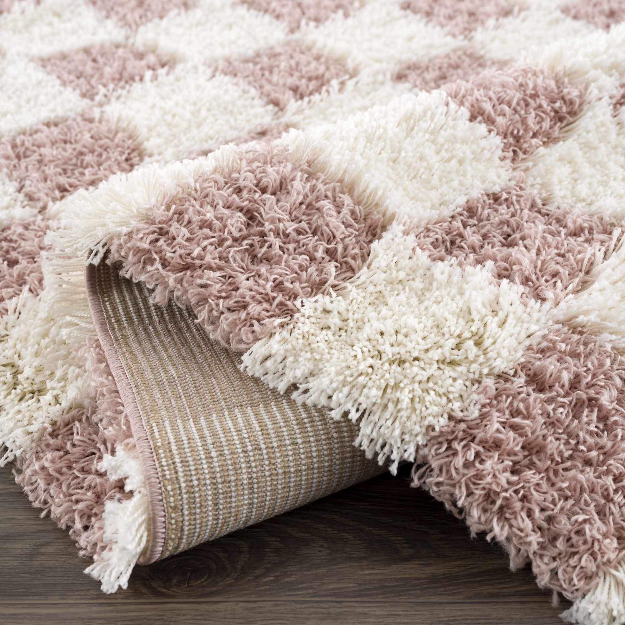 Atira Pink & White Checkered Shag Area Rug | Playful Design