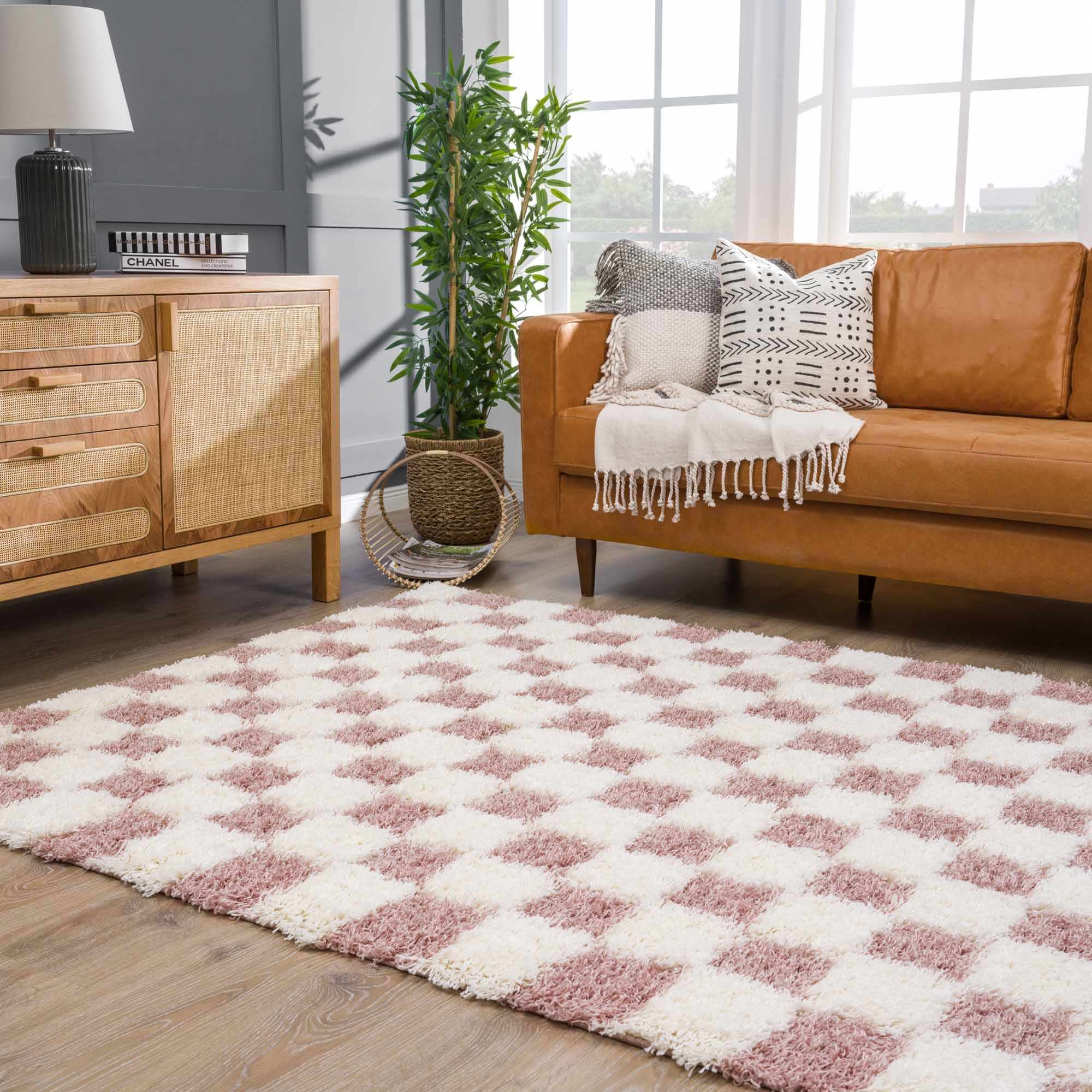 Atira Pink Checkered Shag Rug | Plush Cream & Pink Geometric Rug – Boutique Rugs