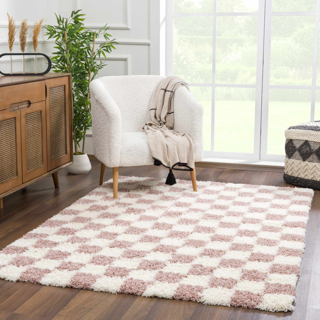 Atira Pink & White Checkered Shag Area Rug | Playful Design