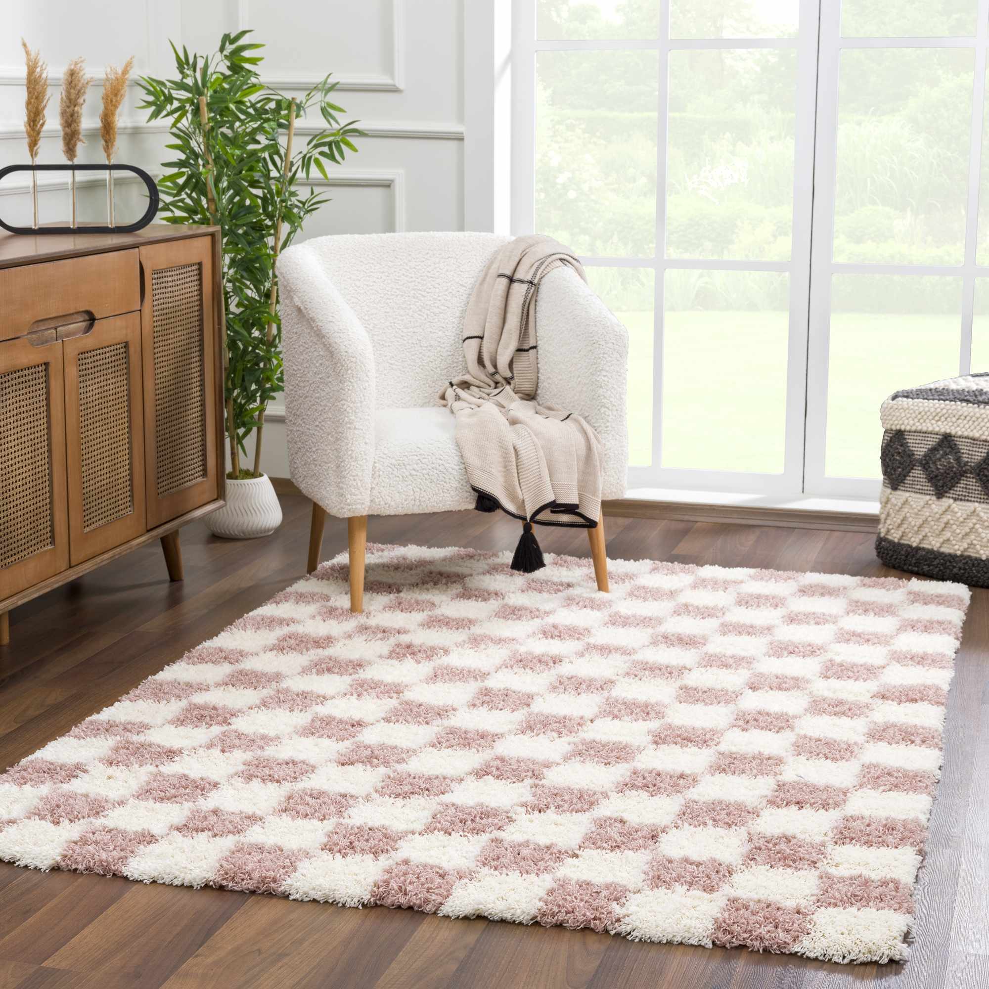 Atira Pink & White Checkered Shag Area Rug | Playful Design