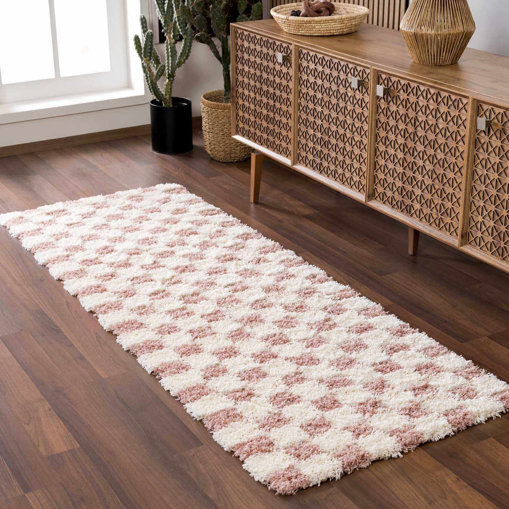 Atira Pink Checkered Shag Rug | Plush Cream & Pink Geometric Rug – Boutique Rugs