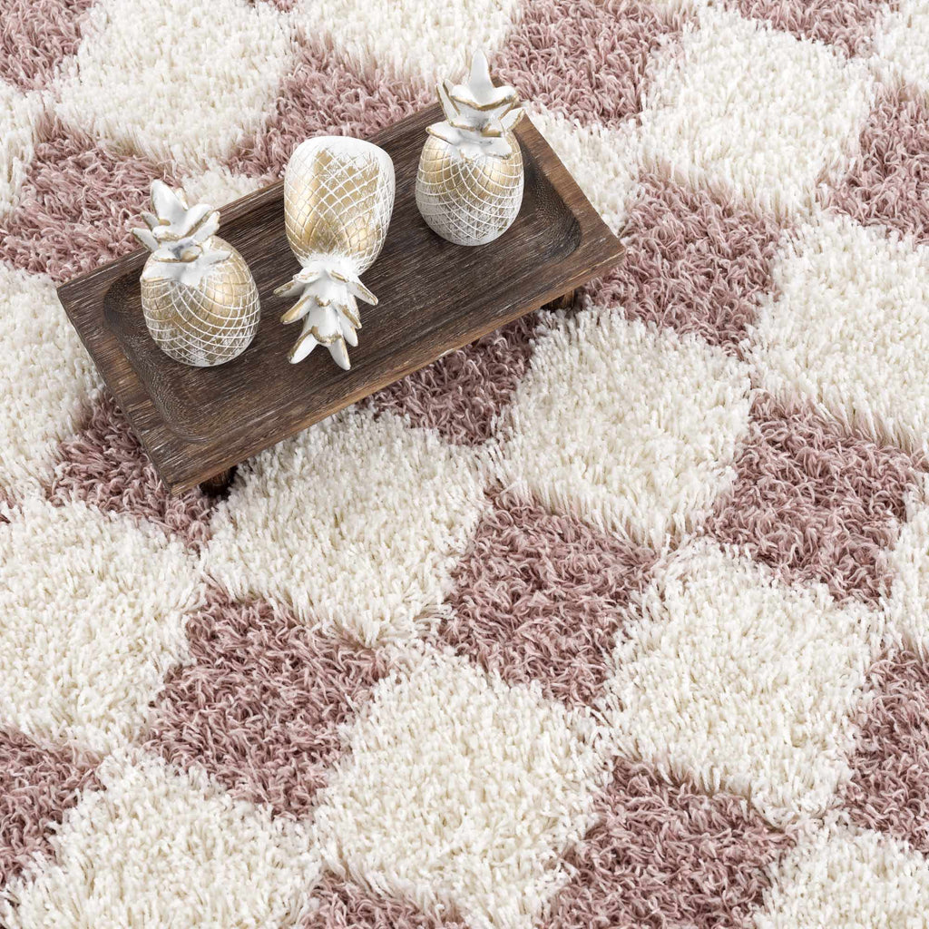 Atira Pink Checkered Shag Rug | Plush Cream & Pink Geometric Rug – Boutique Rugs