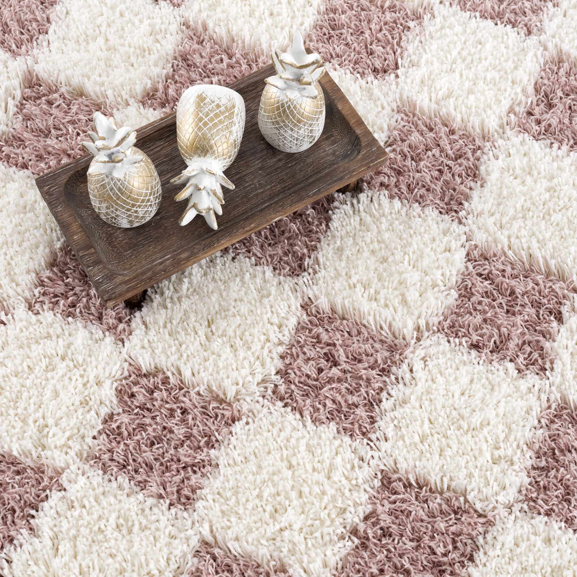 Atira Pink Checkered Shag Rug | Plush Cream & Pink Geometric Rug – Boutique Rugs