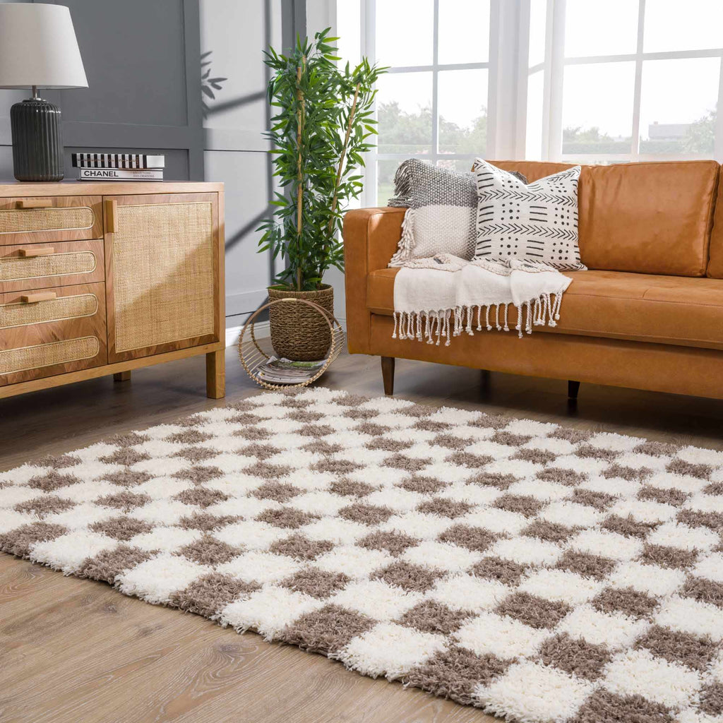Atira Brown Checkered Area Rug | Warm Plush Geometric Rug – Boutique Rugs