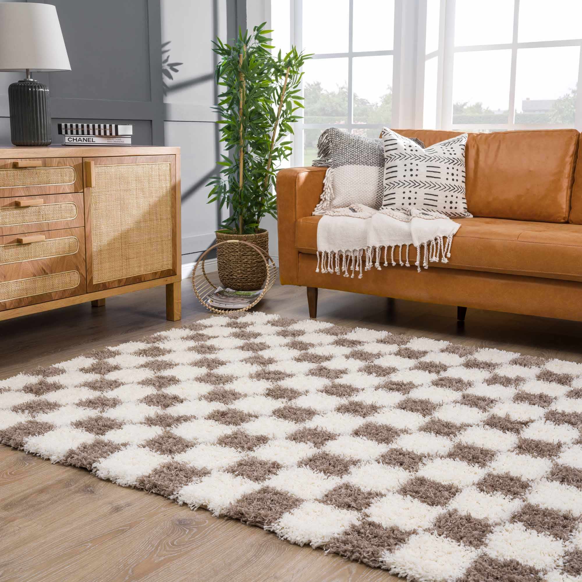 Atira Brown Checkered Area Rug | Warm Plush Geometric Rug – Boutique Rugs